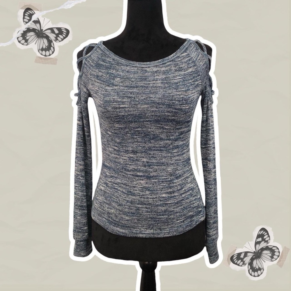 SHEIN Women’s Blue Heather Strappy Cold Shoulder Fitted Sweater Top